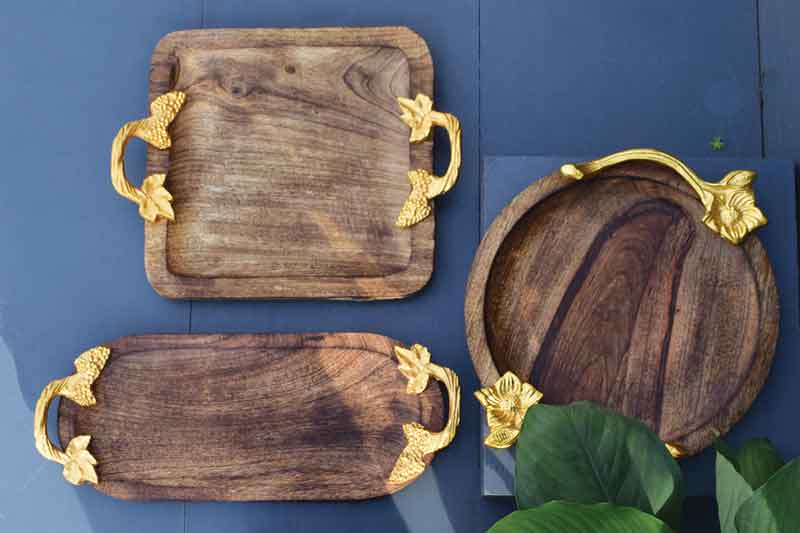 Brass handle Wooden Decorative Tray